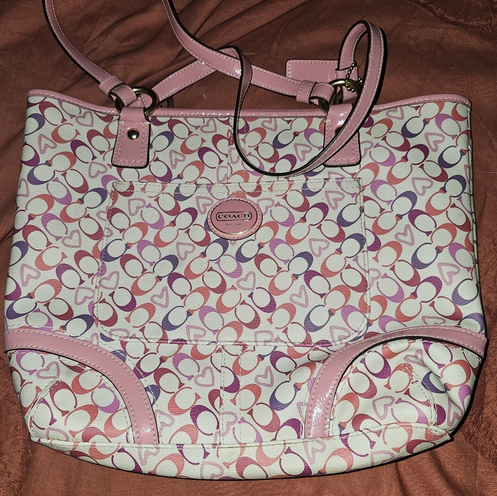 Coach signature Peyton canvas w/leather trim tote bag pink